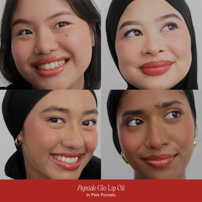 Model applying Velvet Vanity Peptide Glo Lip Oil Pink Pomelo for glossy, hydrated lips