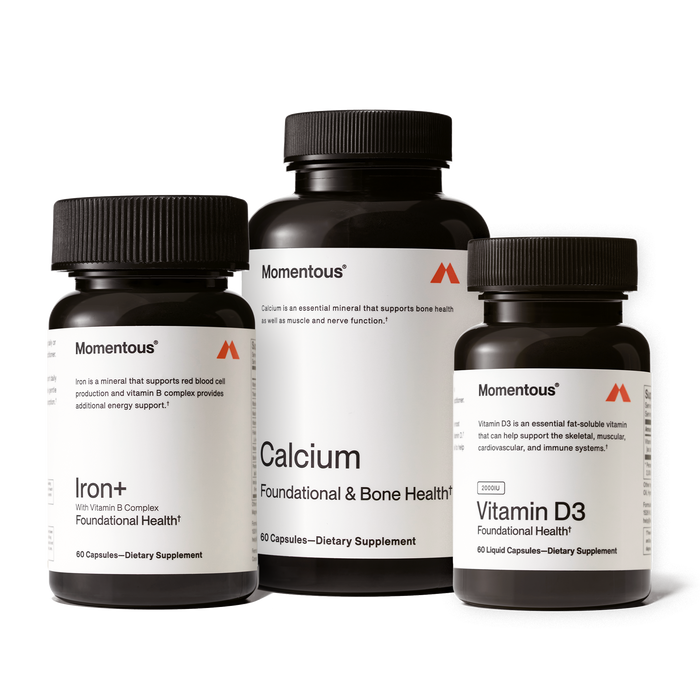 Three black supplement bottles labeled Iron+, Calcium, and Vitamin D3 by Momentous, arranged in ascending height order.