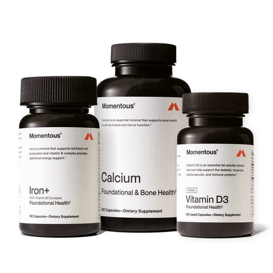 Three black supplement bottles labeled Iron+, Calcium, and Vitamin D3 by Momentous, arranged in ascending height order.