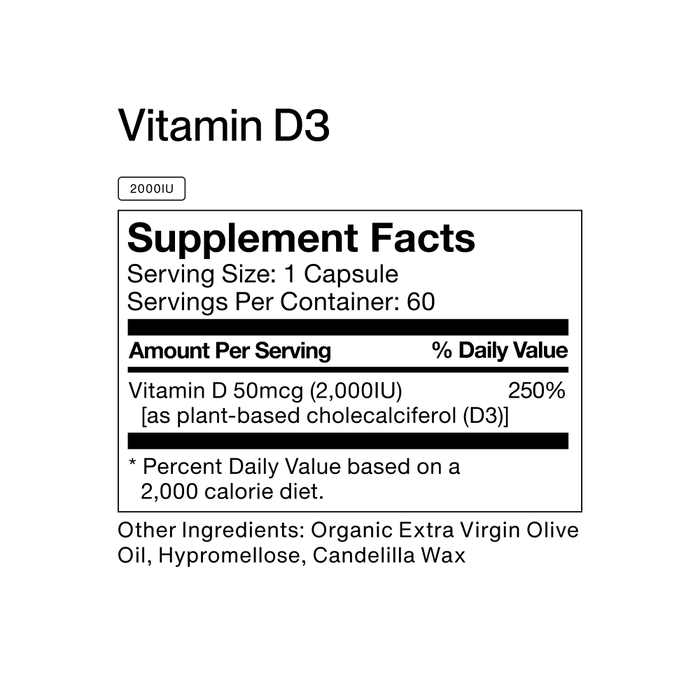Vitamin D3 supplement facts label showing 2000IU per capsule, 60 servings per container, with ingredients listed.