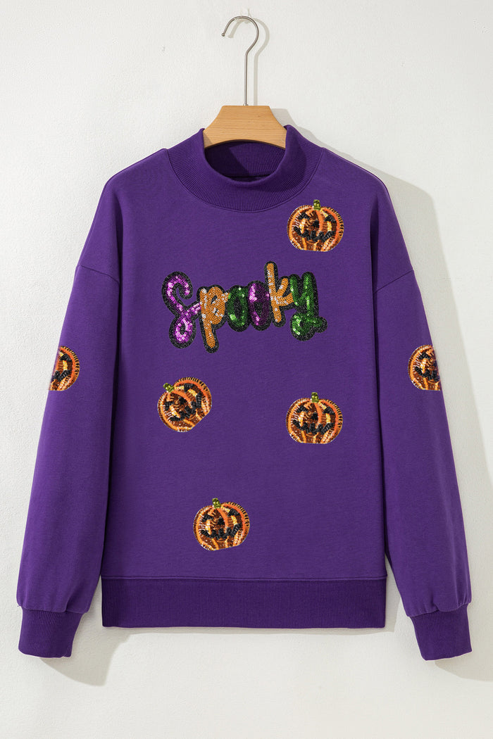 Tillandsia Purple Sequin Pumpkin Spooky Graphic Halloween Pullover Sweatshirt 🇺🇸