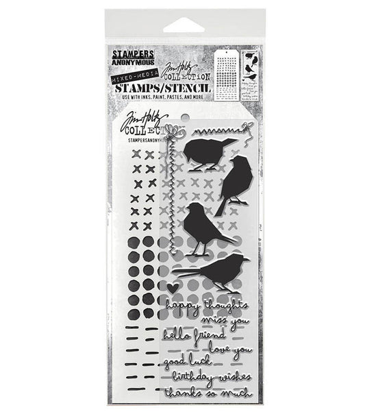 Tim Holtz - Mixed Media Clear Stamp & Stencil - Silhouette Birds. Available at Embellish Away located in Bowmanville Ontario Canada.