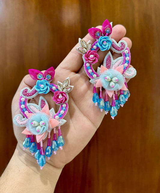 Turquoise & Pink Handmade Beaded Floral Drop Earrings
