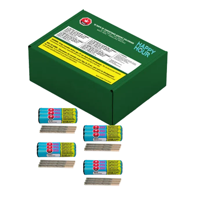 Angled view of the green Twelve Days of Christmas Advent Box PR 12 x 0.5 g with five blue-wrapped pre-rolls and exposed joints arranged in front.
