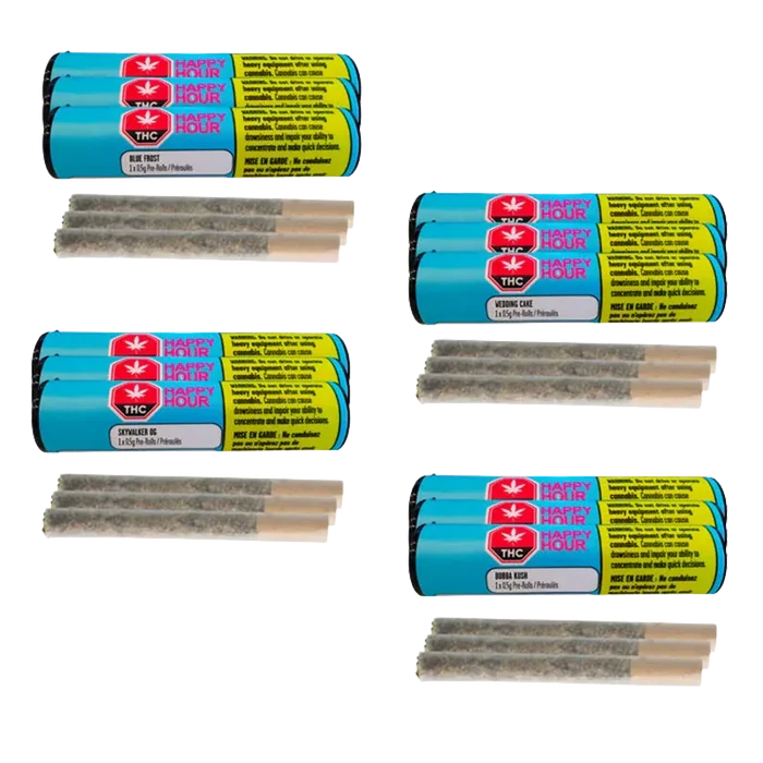 Top-down view of multiple blue tubes and loose pre-rolls arranged in a grid, showing the "Twelve Days of Christmas Advent Box PR 12 x 0.5 g" branding on the labels.