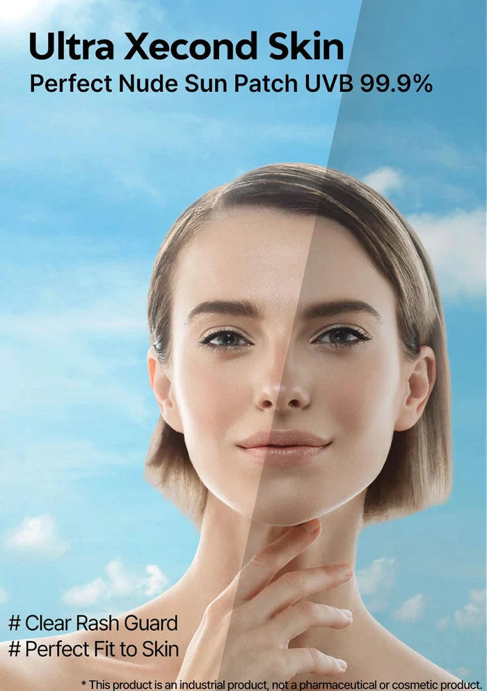 Advertisement for Ultra Xecond Skin sun patch with a woman's face and blue sky background.