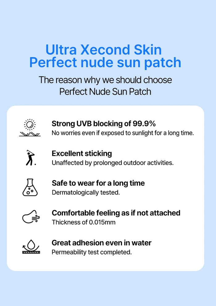 Promotional graphic for Ultra Xecond Skin Perfect Nude sun patch with features on a light blue background.