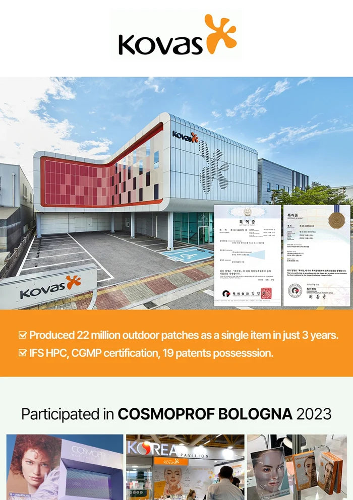 Kovas building with company logo and certification information on a white background