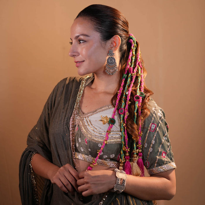 Utsav Mirror Boho Hair Tassels Parandi - Pink & Green