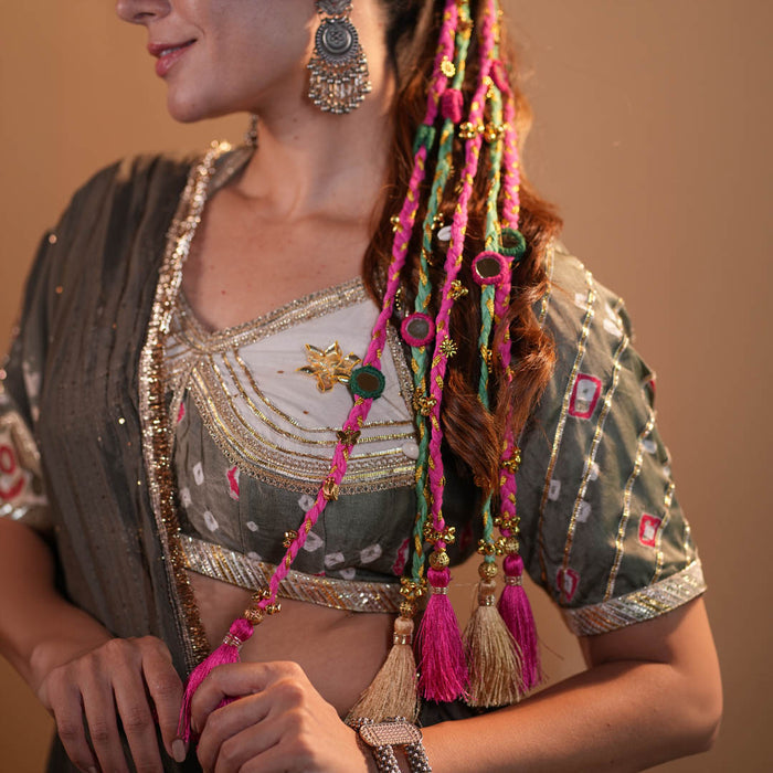 Utsav Mirror Boho Hair Tassels Parandi - Pink & Green