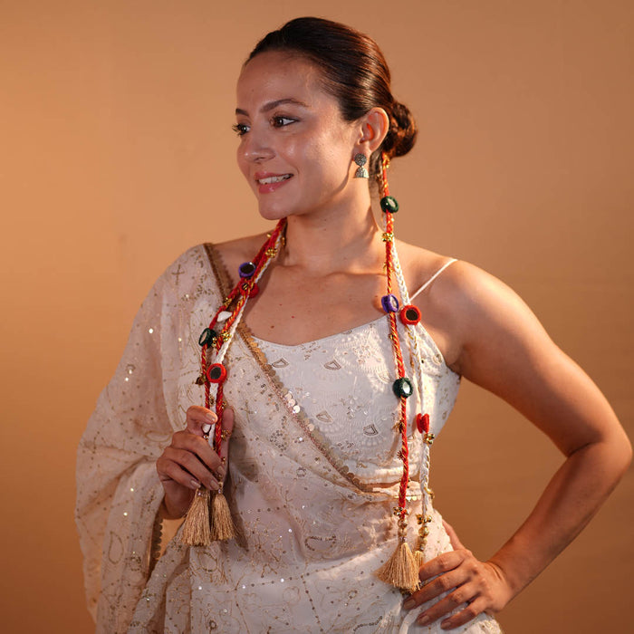 Utsav Mirror Boho Hair Tassels Parandi - Red & White