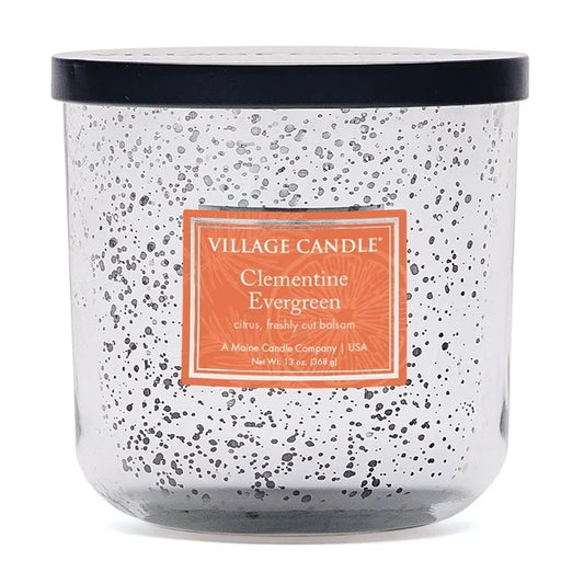 Village Candle Clementine Evergreen Mercury Glass Black Lid