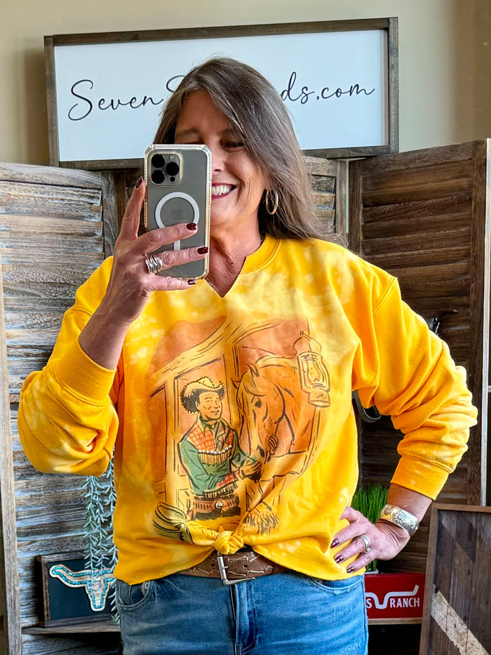 Yellow cowboy horse sweatshirt with rhinestone graphic and knotted hem