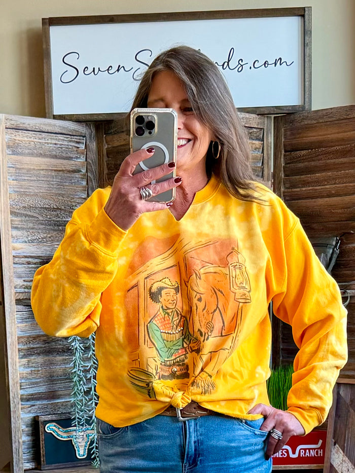 Yellow cowboy horse graphic sweatshirt with rhinestone details