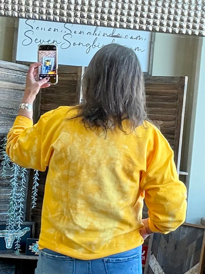 Yellow cowboy horse sweatshirt with rhinestone embellishments, back view