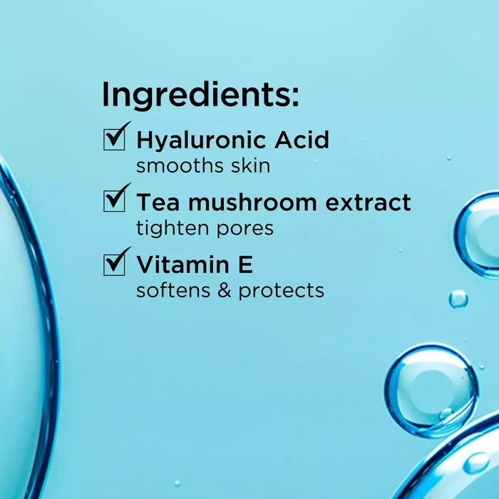 Ingredients include Hyaluronic Acid that smooths skin, tea mushroom extract that tighten pores and vitamin E that softens and protects