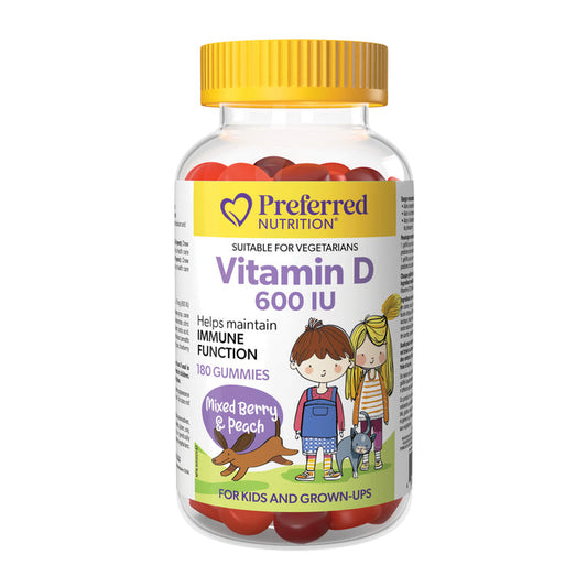 Bottle of Preferred Vitamin D 600iu - Mixed Berry & Peach Gummies - For Kids & Grownups 180 Gummies