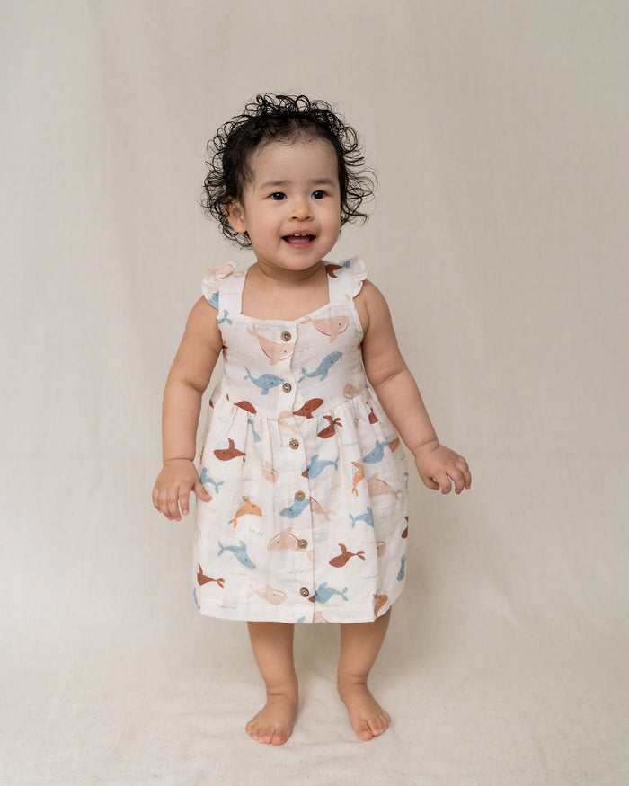 Whales Ruffle & Button Baby Dress+Bloomer (Organic Muslin)