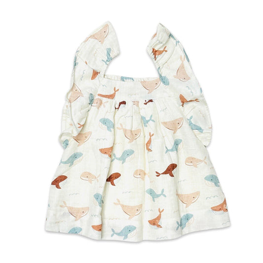 Whales Ruffle & Smocked Baby Dress+Bloomer Set (Organic Muslin)