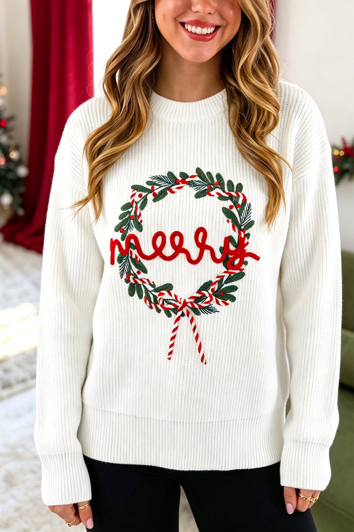 White Christmas Wreath Pattern Round Neck Casual Sweater 🇺🇸