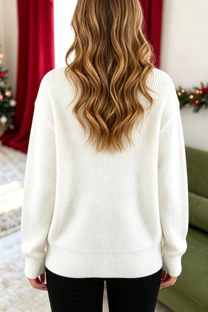 White Christmas Wreath Pattern Round Neck Casual Sweater 🇺🇸