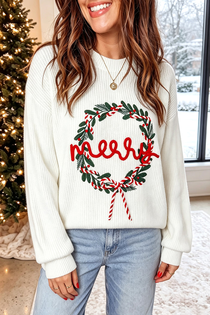 White Christmas Wreath Pattern Round Neck Casual Sweater 🇺🇸