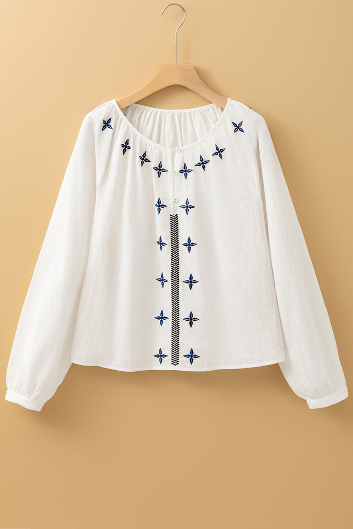 White Geometric Embroidered Long Sleeve Buttoned Blouse 🇺🇸