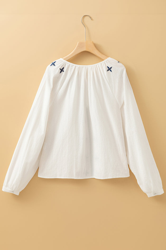 White Geometric Embroidered Long Sleeve Buttoned Blouse 🇺🇸