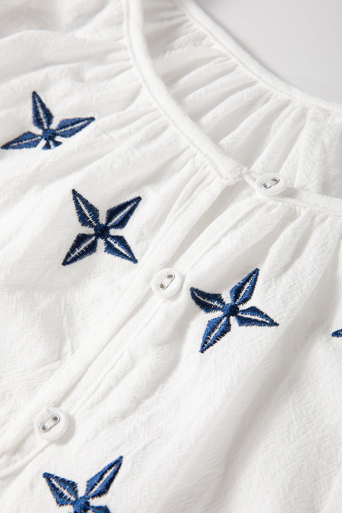 White Geometric Embroidered Long Sleeve Buttoned Blouse 🇺🇸