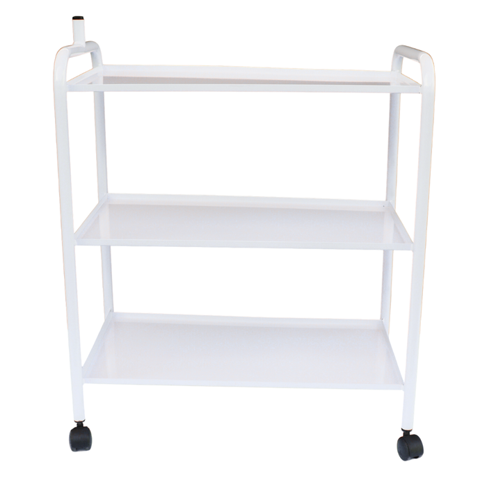 E001 Three Tier Large Salon or Spa Metal Trolley | A three-tier white metal rolling cart with black caster wheels and integrated side handles, shown against a plain white background.