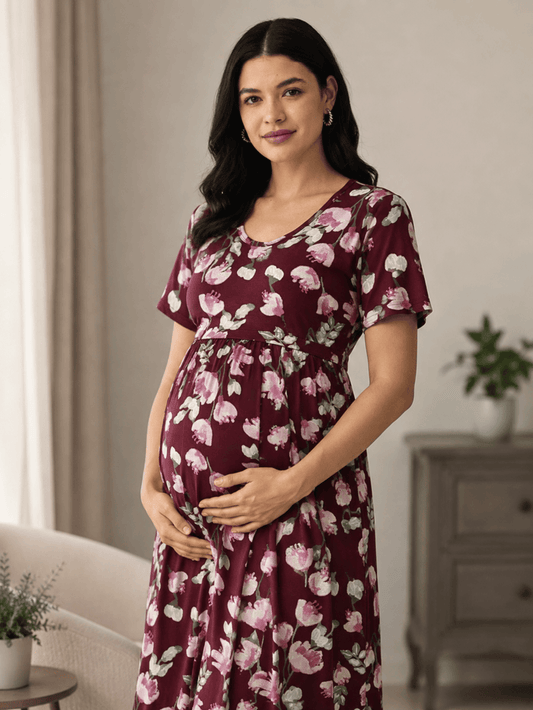 Wine maternity nighty for women with feeding zipper