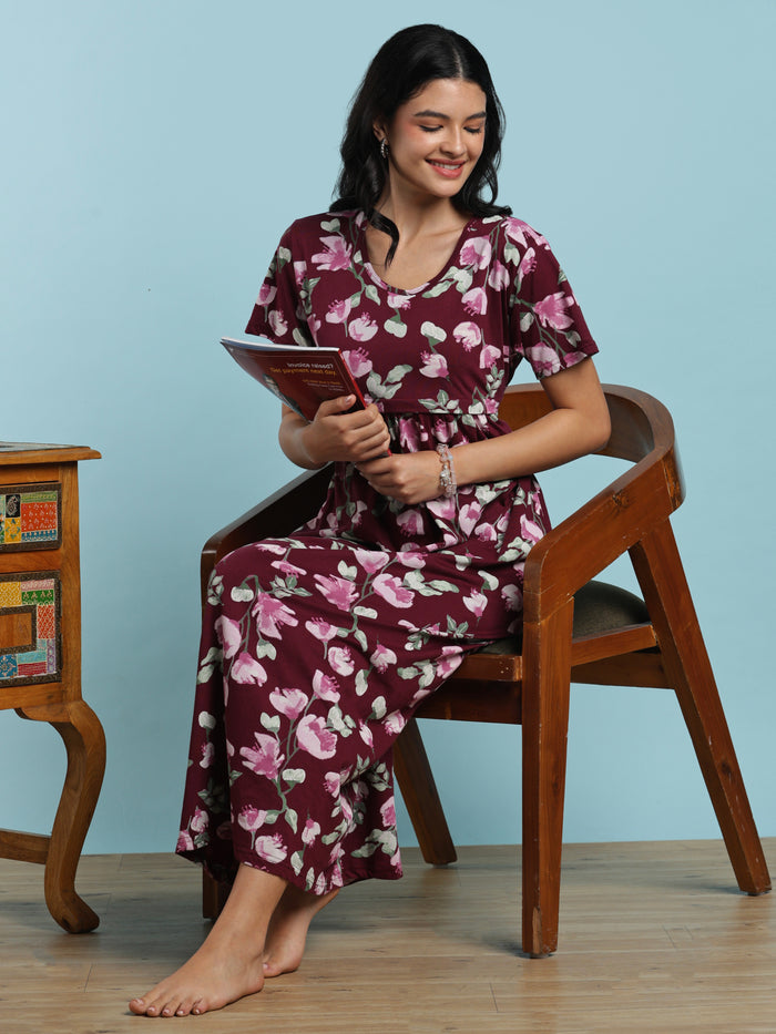 Wine maternity nighty for women with feeding zipper