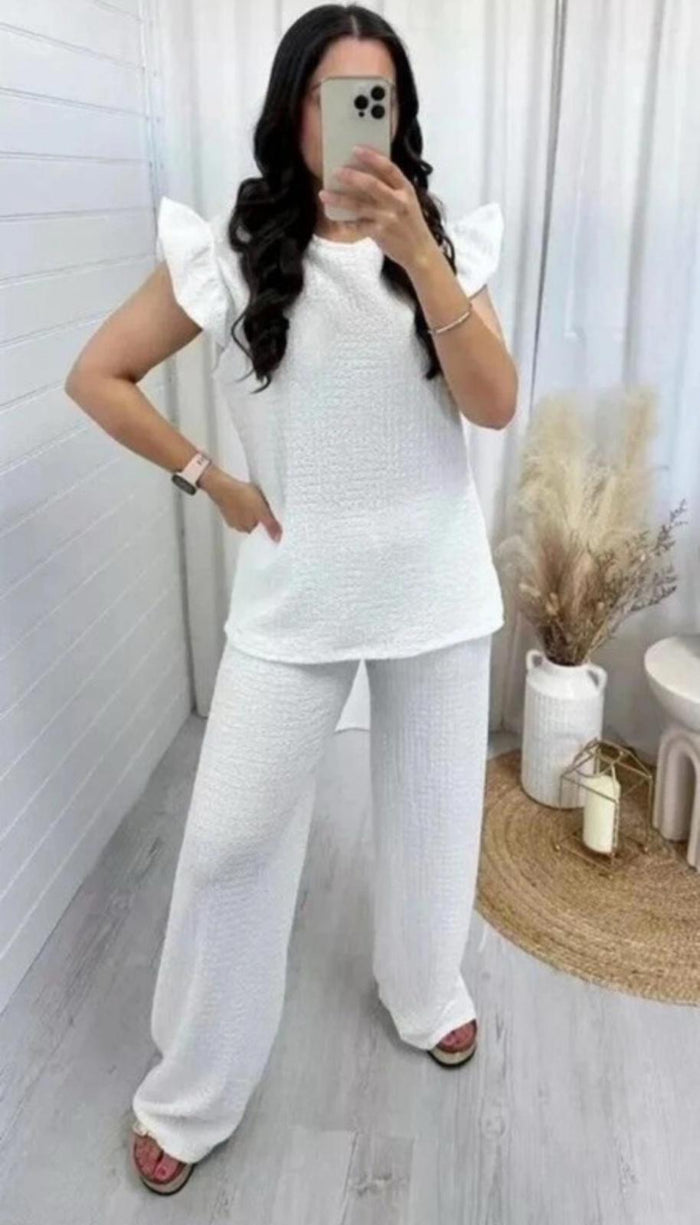 Women's Super Soft Pop Corn Material Frill Short Sleeve Top Trousers 2Pcs Co-Ord Loungewear Set 🇬🇧