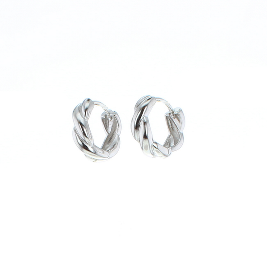 Silver twisted hoop earrings with hinged clasp, round profile