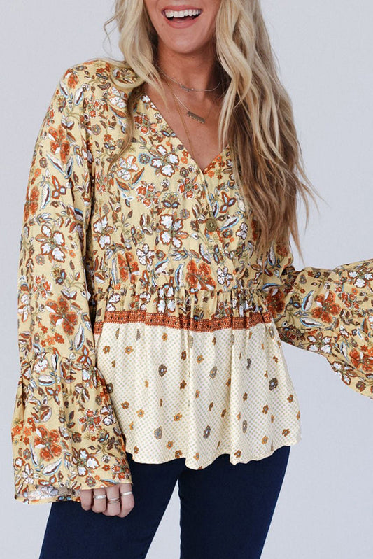 Yellow Printed Floral Bell Sleeve V Neck Wrapped Contrast Peplum Blouse 🇺🇸