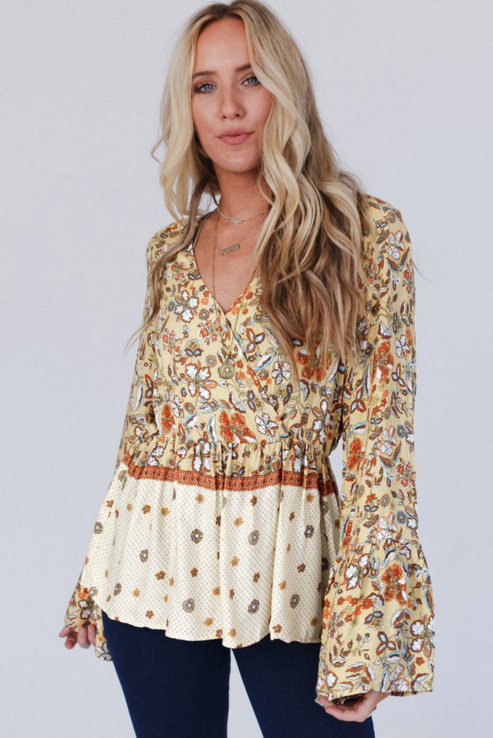 Yellow Printed Floral Bell Sleeve V Neck Wrapped Contrast Peplum Blouse 🇺🇸