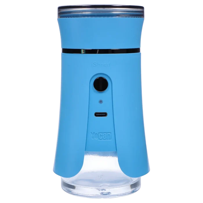 Front-facing close-up of the blue Yocan iShred Electronic Grinder showing its rounded top, central power button and USB-C port.