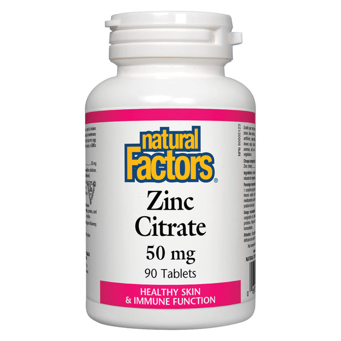 Bottle of Natural Factors Zinc Citrate 50 mg (90 Tablets)| Optimum Health Vitamins, Canada